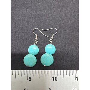 Turquoise Howlite Double Bead Dangling Earrings With Silver Hooks  Boho Handmade
